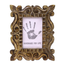Load image into Gallery viewer, Hand-Carved Natural Mango Wood Ornate Photo Frame 4x6 - Mughal Majesty | NOVICA
