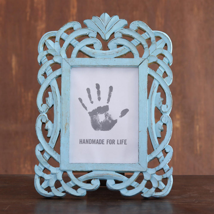 Blue Distressed Hand Carved Mango Wood Photo Frame 5x7 - Wrapped in Blue | NOVICA