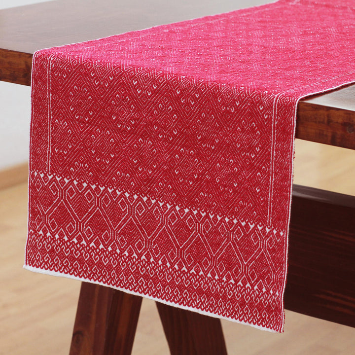 Handwoven Cotton Table Runner in Chili from Mexico - Chili Geometry | NOVICA