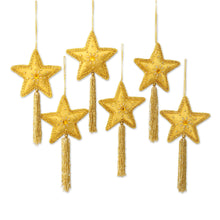 Load image into Gallery viewer, Embroidered and Beaded Gold Star Ornaments (Set of 6) - Golden Star | NOVICA
