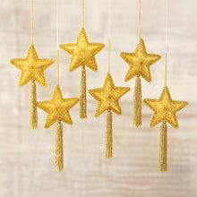 Load image into Gallery viewer, Embroidered and Beaded Gold Star Ornaments (Set of 6) - Golden Star | NOVICA
