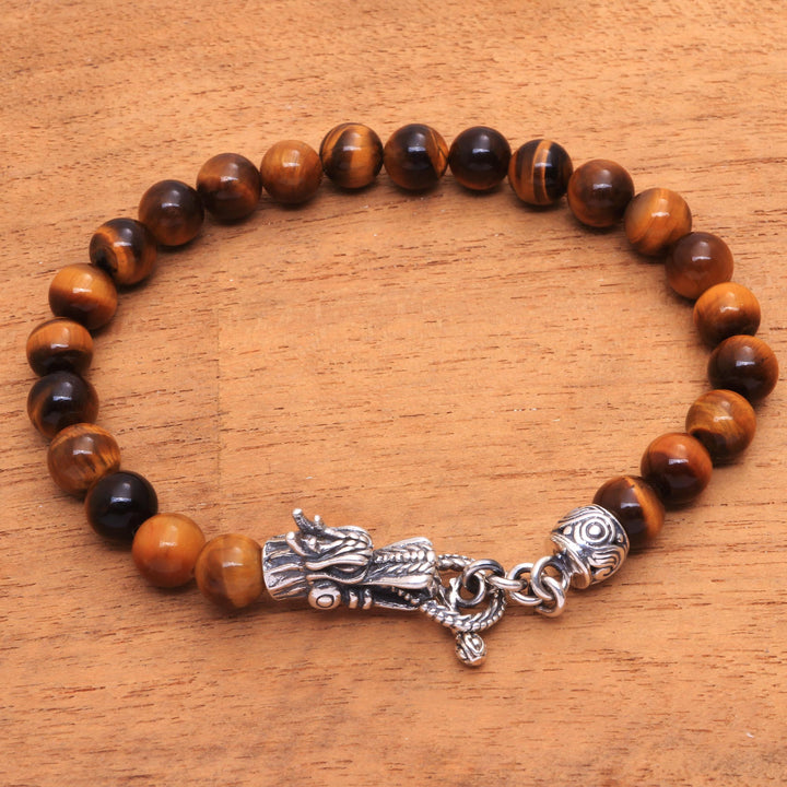 Men's Dragon-Themed Tiger's Eye Beaded Bracelet from Bali - Dragon Pride in Brown | NOVICA