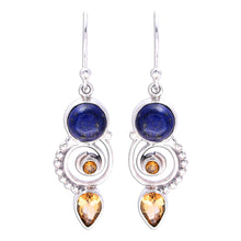 Load image into Gallery viewer, Citrine and Lapis Lazuli Spiral Earrings from India - Majestic Spirals | NOVICA
