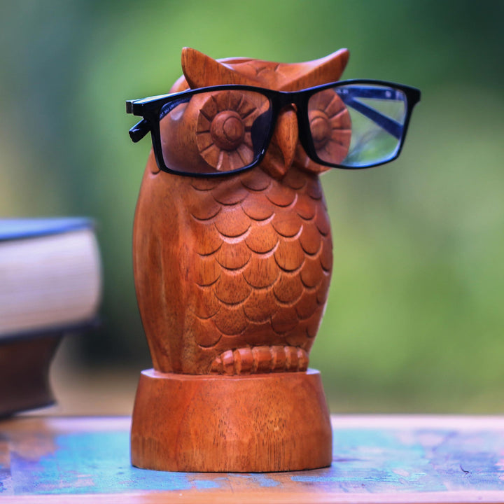 Owl-Shaped Jempinis Wood Eyeglasses Holder from Bali - Wise Owl | NOVICA