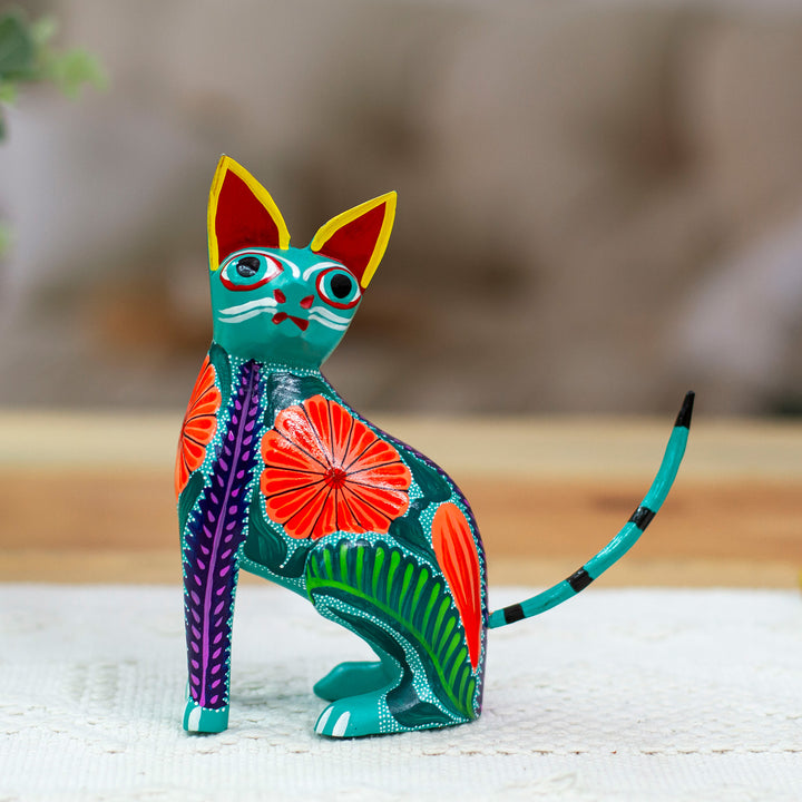 Handcrafted Copal Wood Alebrije Cat Figurine from Mexico - Floral Feline | NOVICA
