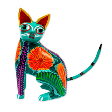 Load image into Gallery viewer, Handcrafted Copal Wood Alebrije Cat Figurine from Mexico - Floral Feline | NOVICA
