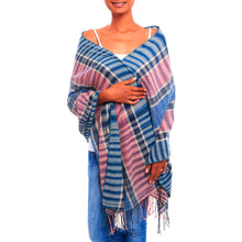 Load image into Gallery viewer, Mauve and Blue Handwoven Lightweight Cotton Plaid Shawl - Surf at Sunset | NOVICA
