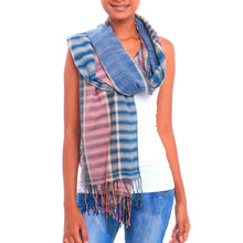 Load image into Gallery viewer, Mauve and Blue Handwoven Lightweight Cotton Plaid Shawl - Surf at Sunset | NOVICA
