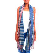 Load image into Gallery viewer, Mauve and Blue Handwoven Lightweight Cotton Plaid Shawl - Surf at Sunset | NOVICA
