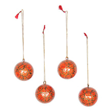 Load image into Gallery viewer, Floral Papier Mache Ornaments in Orange (Set of 4) - Fiery Blossoms | NOVICA
