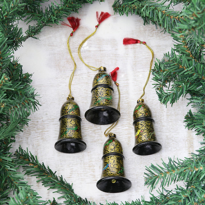 Floral Papier Mache Bell Ornaments from India (Set of 4) - Midnight Song | NOVICA