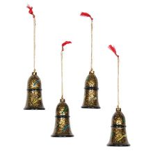 Load image into Gallery viewer, Floral Papier Mache Bell Ornaments from India (Set of 4) - Midnight Song | NOVICA
