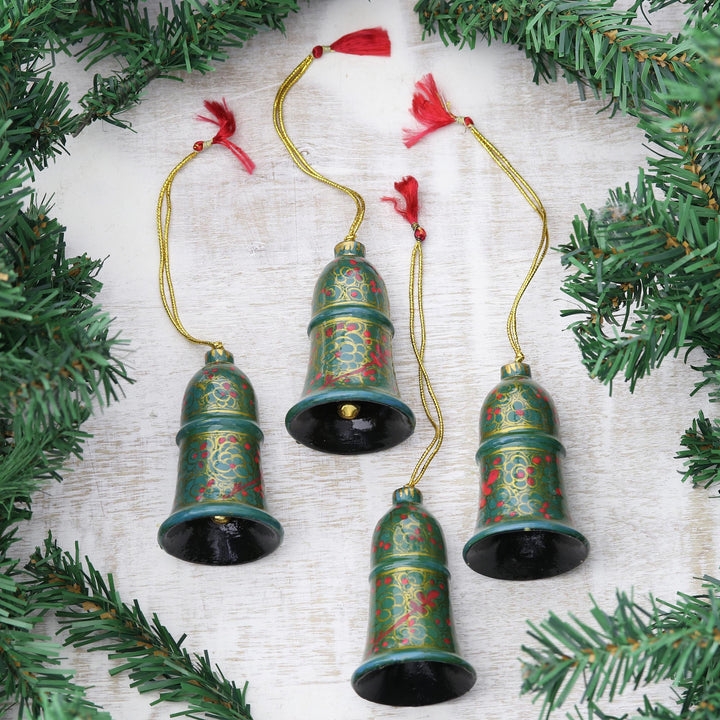 Papier Mache Bell Ornaments in Green from India (Set of 4) - Christmas Carillon in Green | NOVICA