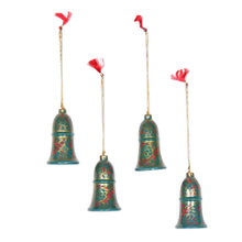 Load image into Gallery viewer, Papier Mache Bell Ornaments in Green from India (Set of 4) - Christmas Carillon in Green | NOVICA
