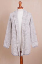 Load image into Gallery viewer, Off-White and Grey Alpaca Blend Relaxed Fit Cardigan Sweater - Dove Down | NOVICA
