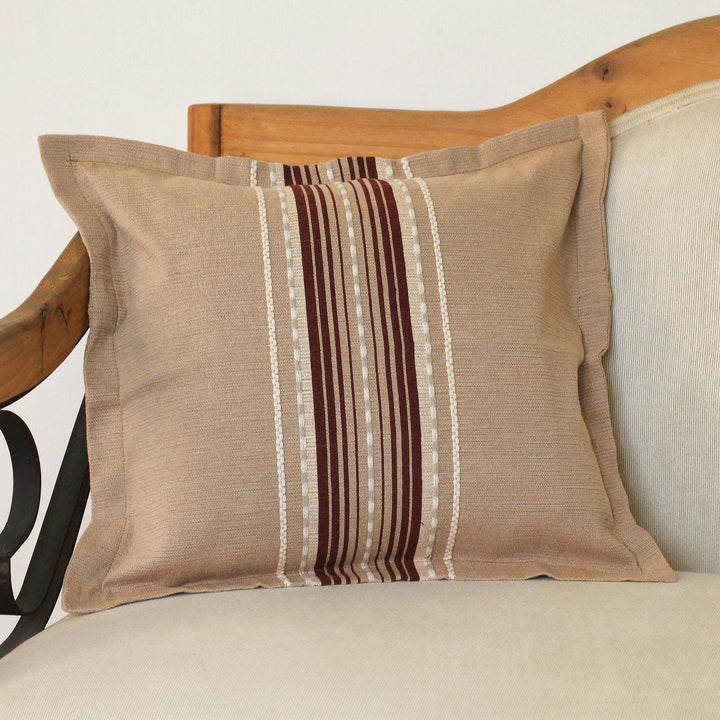Handwoven Cotton Cushion Cover in Cafe Au Lait from Mexico - Relaxing Hue | NOVICA