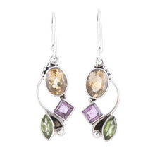 Load image into Gallery viewer, Citrine Amethyst Peridot and Sterling Silver Dangle Earrings - Sun with Violets | NOVICA
