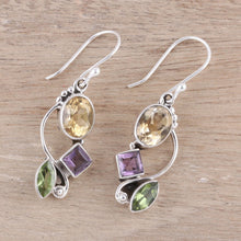 Load image into Gallery viewer, Citrine Amethyst Peridot and Sterling Silver Dangle Earrings - Sun with Violets | NOVICA
