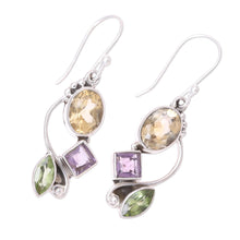 Load image into Gallery viewer, Citrine Amethyst Peridot and Sterling Silver Dangle Earrings - Sun with Violets | NOVICA
