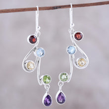 Load image into Gallery viewer, Multi-Gemstone and Scrolling Sterling Silver Dangle Earrings - Dancing Rainbow | NOVICA
