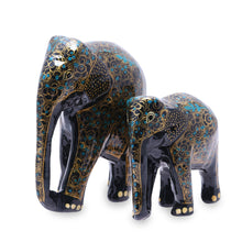 Load image into Gallery viewer, Gold-Tone Floral Papier Mache Elephant Sculptures (Pair) - Maternal Glow in Black | NOVICA
