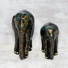 Load image into Gallery viewer, Gold-Tone Floral Papier Mache Elephant Sculptures (Pair) - Maternal Glow in Black | NOVICA
