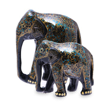 Load image into Gallery viewer, Gold-Tone Floral Papier Mache Elephant Sculptures (Pair) - Maternal Glow in Black | NOVICA
