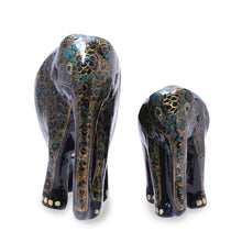 Load image into Gallery viewer, Gold-Tone Floral Papier Mache Elephant Sculptures (Pair) - Maternal Glow in Black | NOVICA
