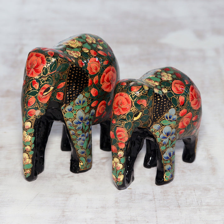 Floral Papier Mache Elephant Sculptures (Pair) from India - Maternal Connection | NOVICA