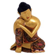 Load image into Gallery viewer, Gold-Tone Floral Wood Buddha Sculpture from Bali - Buddha Garden | NOVICA
