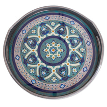 Load image into Gallery viewer, Steel-Tone Reverse-Painted Glass Tray from Peru - Floral Intricacy in Steel | NOVICA
