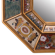 Load image into Gallery viewer, Floral Reverse Painted Glass Frame Octagonal Wall Mirror - Gaze | NOVICA
