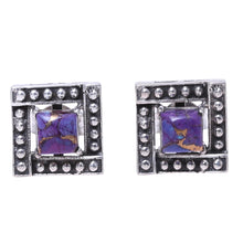 Load image into Gallery viewer, Square Purple Composite Turquoise Stud Earrings from India - Beautiful Windows in Purple | NOVICA
