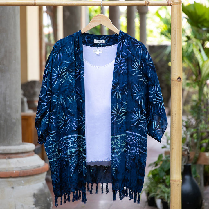 Leaf Motif Batik Rayon Kimono Jacket in Blue from Bali - Denpasar Lady in Blue | NOVICA