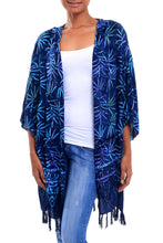 Load image into Gallery viewer, Leaf Motif Batik Rayon Kimono Jacket in Blue from Bali - Denpasar Lady in Blue | NOVICA
