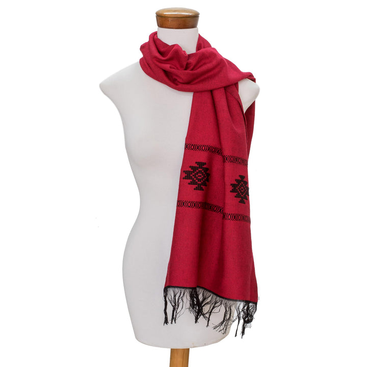 Red Cotton Blend Scarf with Black Stepped-Fret Rhombus Motif - Fret Chic in Red | NOVICA