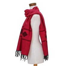 Load image into Gallery viewer, Red Cotton Blend Scarf with Black Stepped-Fret Rhombus Motif - Fret Chic in Red | NOVICA
