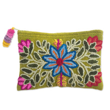 Load image into Gallery viewer, Embroidered Floral Alpaca Clutch in Warm Olive from Peru - Floral Flourish | NOVICA
