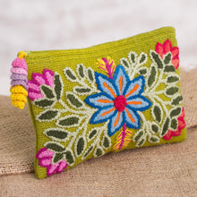 Load image into Gallery viewer, Embroidered Floral Alpaca Clutch in Warm Olive from Peru - Floral Flourish | NOVICA
