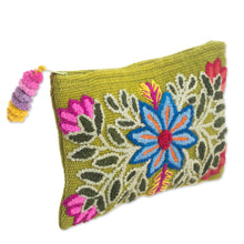 Load image into Gallery viewer, Embroidered Floral Alpaca Clutch in Warm Olive from Peru - Floral Flourish | NOVICA
