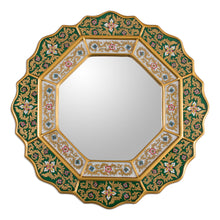 Load image into Gallery viewer, Green Floral Fair Trade Reverse Painted Glass Wall Mirror - Green Star | NOVICA
