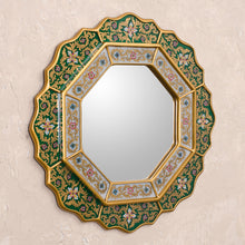 Load image into Gallery viewer, Green Floral Fair Trade Reverse Painted Glass Wall Mirror - Green Star | NOVICA
