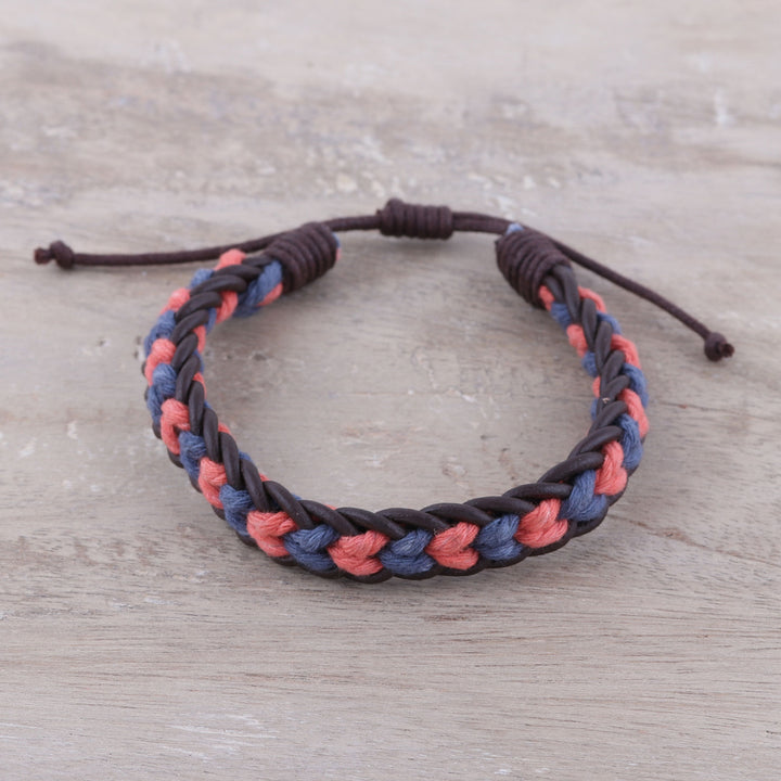 Men's Blue and Coral Cotton and Leather Braided Bracelet - Celebration Braid | NOVICA