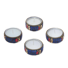 Load image into Gallery viewer, Set of Four Resin Coated Tea Lights with Brass Beads - Shimmering Stars | NOVICA
