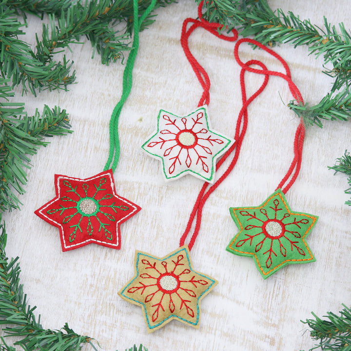 Embroidered Wool Snowflake Ornaments from India (Set of 4) - Festive Snowflakes | NOVICA