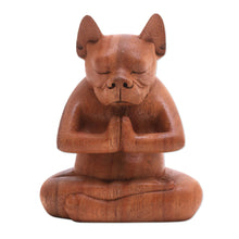 Load image into Gallery viewer, Yoga Meditation Brown Boston Terrier Handmade Wood Statuette - Yoga Boston Terrier in Brown | NOVICA
