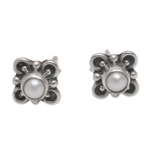 Load image into Gallery viewer, Loop Motif Cultured Pearl Stud Earrings from Bali - Cute Glow | NOVICA
