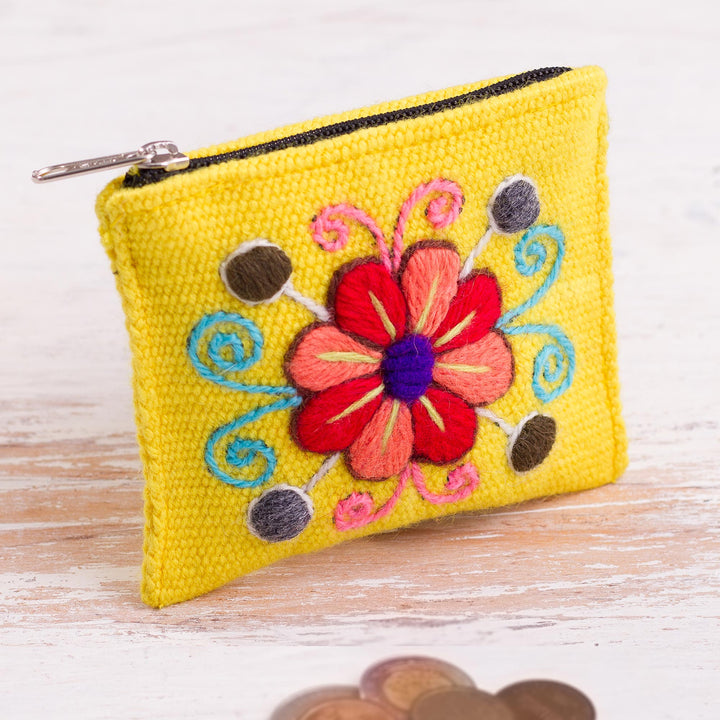 Embroidered Floral Maize Alpaca Blend Coin Purse from Peru - Maize Flower | NOVICA