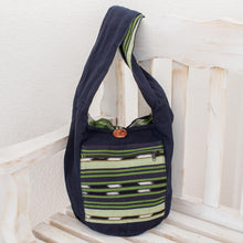 Load image into Gallery viewer, Handwoven Geometric Cotton Bucket Bag in Green - Verdant Paths | NOVICA
