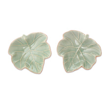 Load image into Gallery viewer, Leafy Celadon Ceramic Appetizer Bowls from Thailand (Pair) - Ivy Gourd | NOVICA
